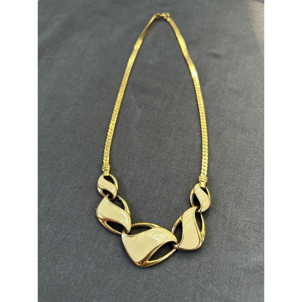 Vintage Trifari Gold Tone Cream Enamel Abstract Bib Herringbone Chain Necklace